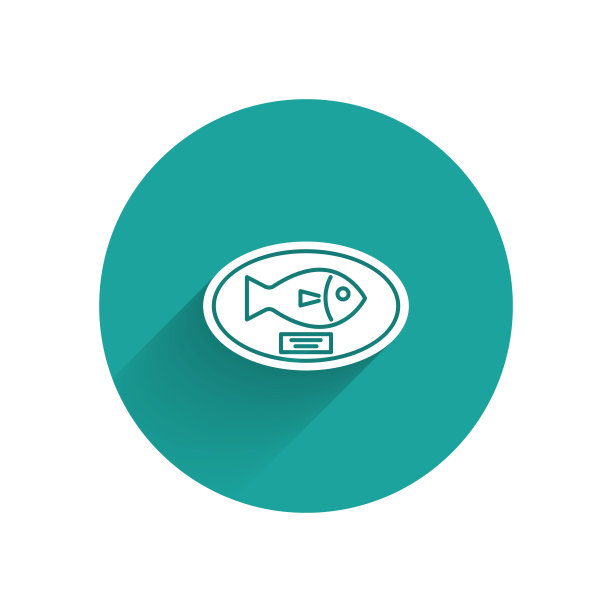 奖杯上挂着白色的鱼，图标孤立有长长的影子。挂在墙上的钓鱼奖杯。绿色圆圈按钮。矢量图图片下载