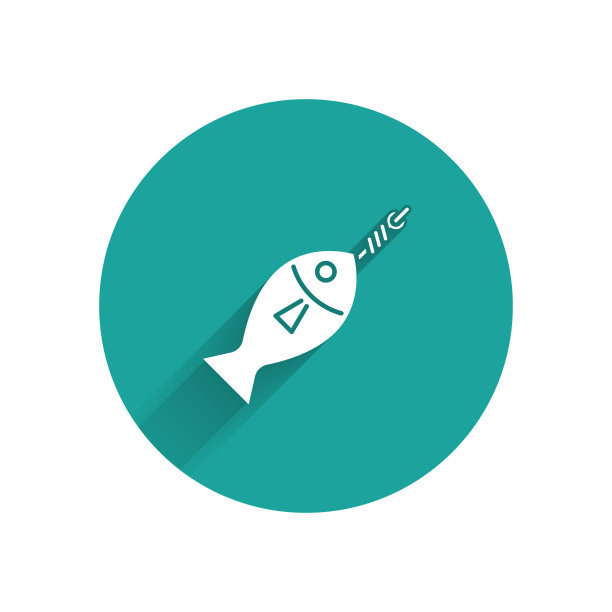 白鱼钩上的图标与长影子隔离。绿色圆圈按钮。矢量图图片下载