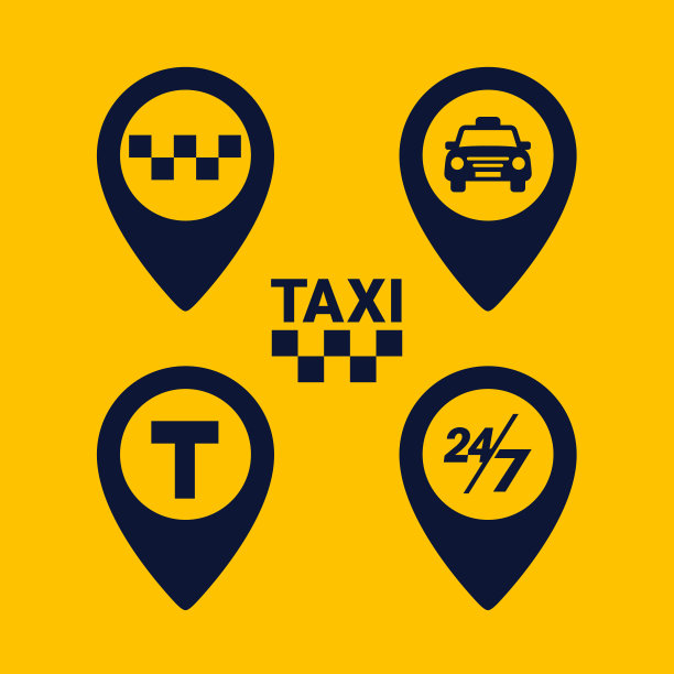 出租车的图标集。地图引脚形状图标上的黄色背景。滑行点字形图标。平面向量插图图片下载