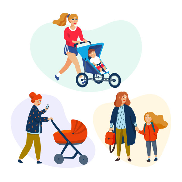 活跃的妈妈。活跃的母亲与婴儿和婴儿车。矢量插图在平面风格。图片下载