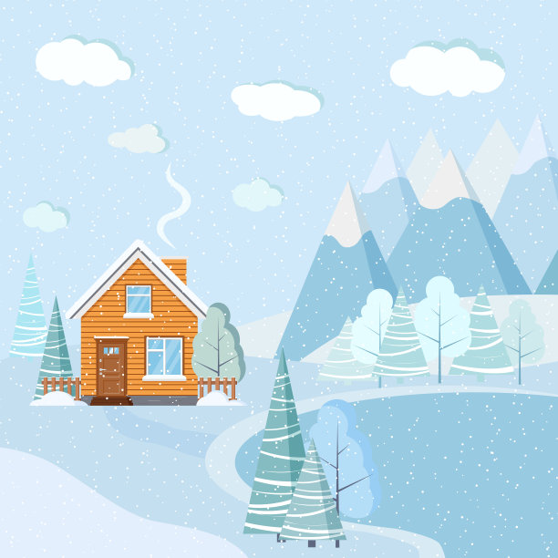 平面设计美丽的雪景圣诞冬季湖泊景观，景色有山、云、树、云杉、乡村小屋图片下载