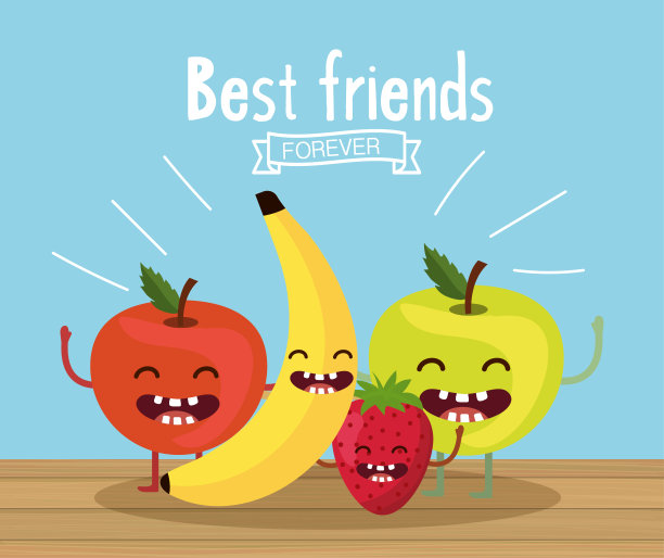 快乐美味的苹果配香蕉和草莓图片下载