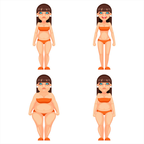 胖瘦女性不同阶段的女性健康饮食卡通人物设计孤立上白集矢量插图图片下载