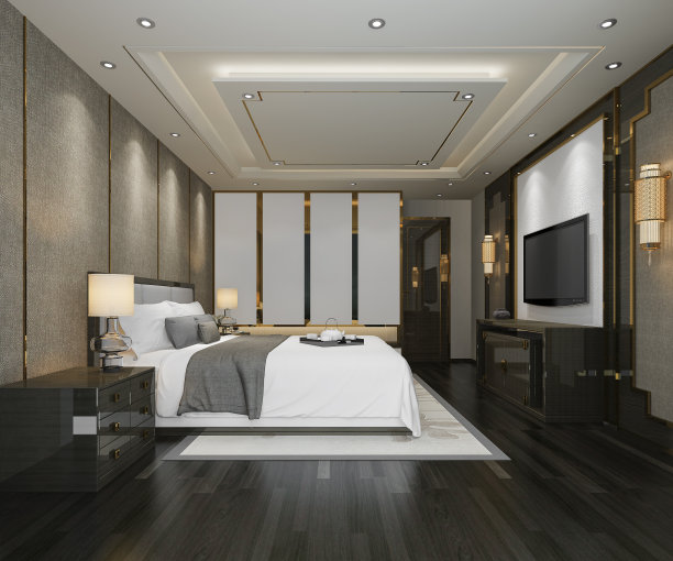 3d渲染豪华现代卧室套房电视与衣柜图片下载
