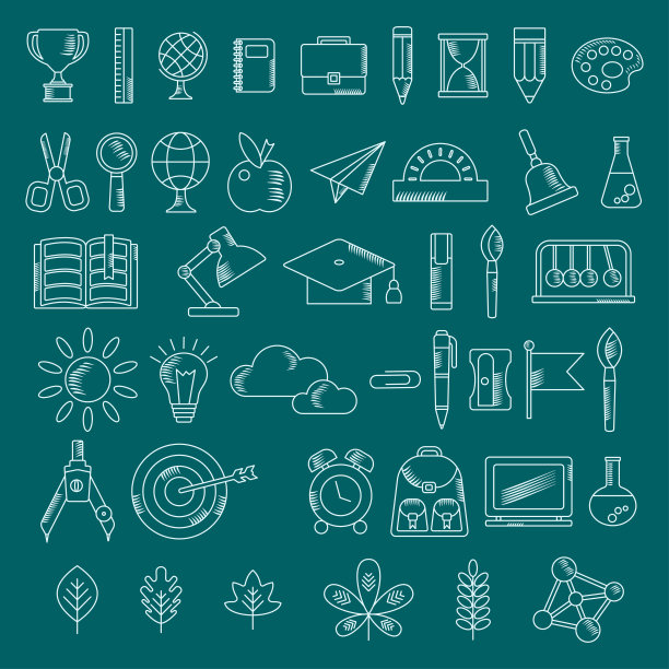 一套学校用品素描手绘线图标。图片下载