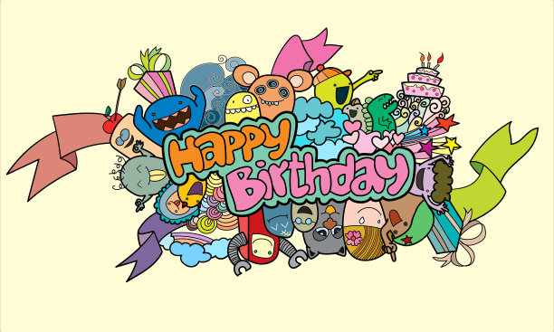 生日快乐可爱的怪物，那是有趣的。用黑手和白手画的线图片下载