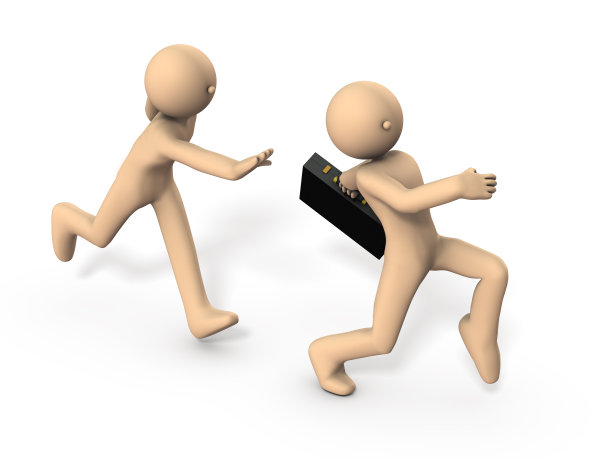 那个商人跑了。另一个人在后面追他。白色背景。3 d演示。图片下载