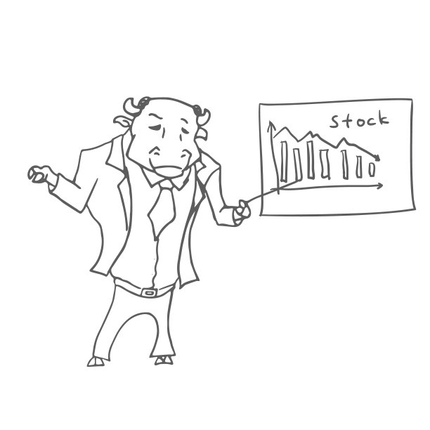 公牛卡通人物与指针棒和股票报价图表。向量图片下载