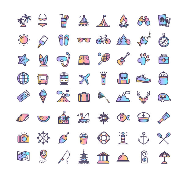 暑假颜色细线图标设置。向量图片下载