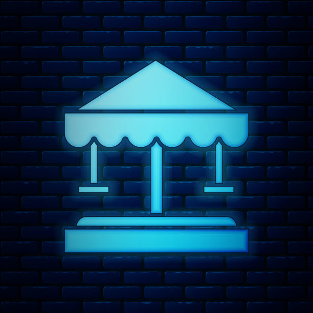 霓虹灯吸引旋转木马图标孤立在砖墙背景上。游乐园。儿童娱乐游乐场、游憩公园。矢量图图片下载