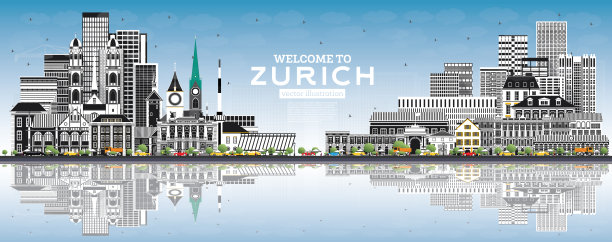 欢迎来到苏黎世瑞士天际线，灰色的建筑，蓝色的天空和反射。图片下载