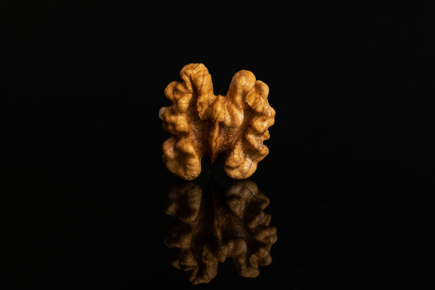 孤立在黑色玻璃上的成熟棕色核桃图片下载
