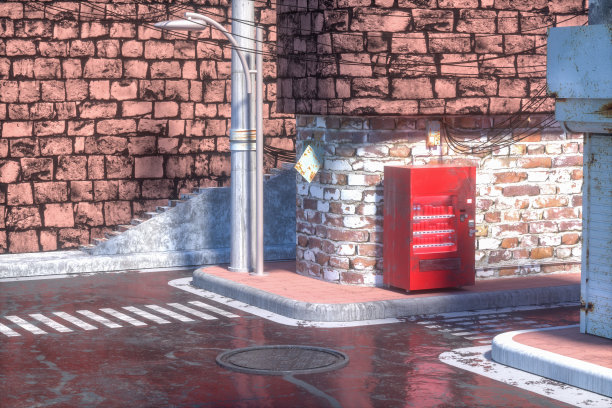 复古的城市街道与路边的砖砌建筑，3d渲染。图片下载