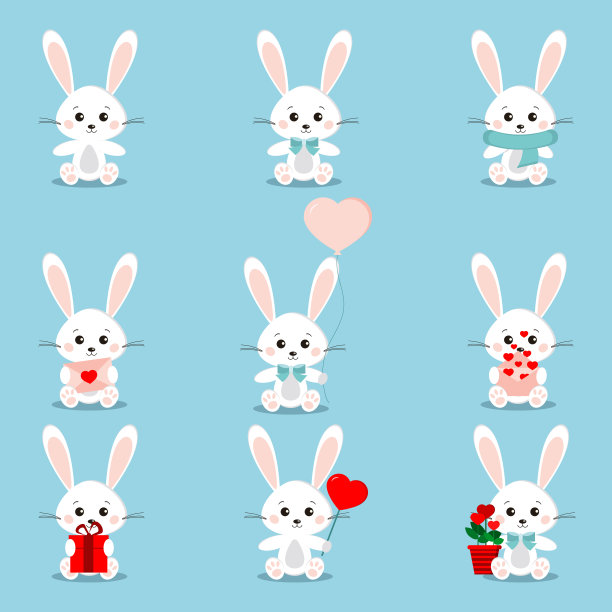一组可爱的小白兔坐着，爪子里有不同的东西图片下载