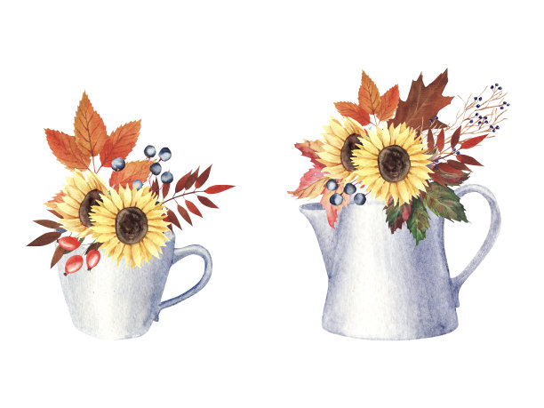 水彩组合与树叶和浆果。瓷壶、瓷杯中的秋花花束。图片下载