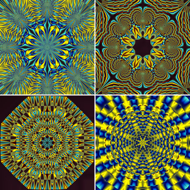 四块正方形黄玉和金色瓷砖万花筒的分形图片下载