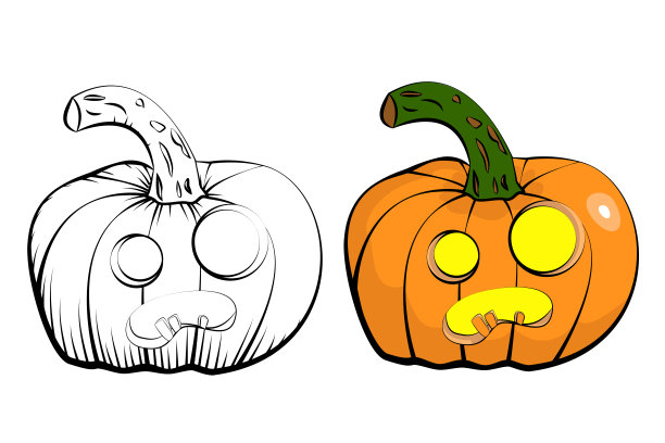 一套矢量插图的黑白和彩色万圣节南瓜灯笼图片下载