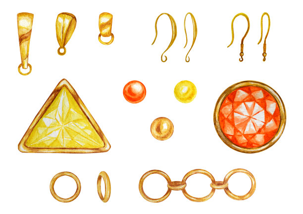 适合手工首饰制作。金框架内的水晶，珠宝，珠子和饰物，吊坠架，耳环钩，链。手绘水彩钻石。孤立的豪华宝石在白色的背景。图片下载