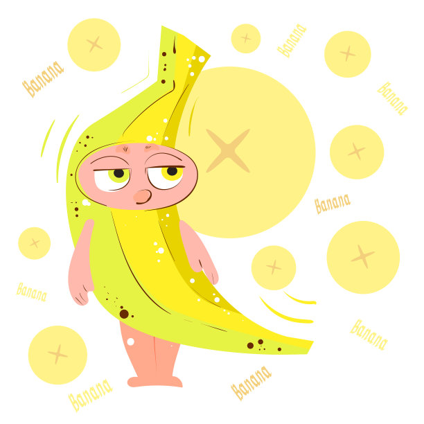 香蕉。新鲜多汁的黄色卡通人物。图片下载