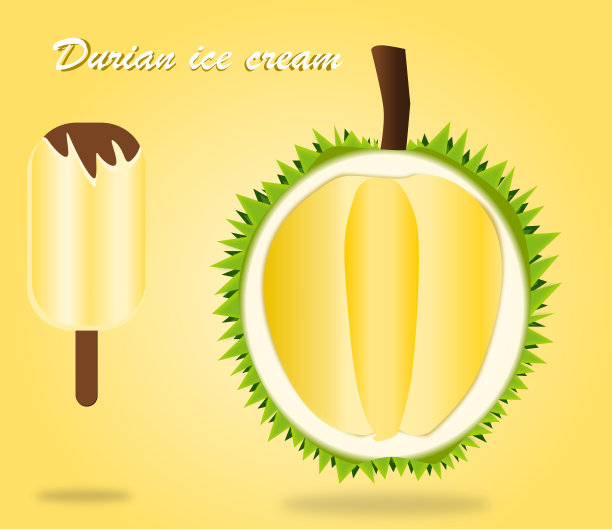 榴莲冰淇淋设计海报矢量和插图上孤立的黄色背景。图片下载