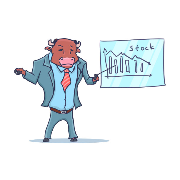 公牛卡通人物与指针棒和股票报价图表。向量图片下载