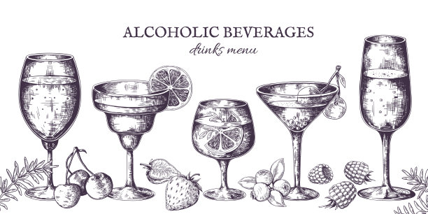 手绘鸡尾酒。复古酒精菜单草图，烈酒饮料和柠檬水。病媒隔离热带酒吧饮品排队图片下载