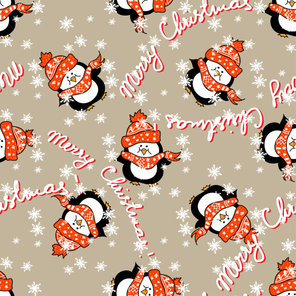 圣诞快乐宝贝企鹅无缝图案与圣诞快乐文字和雪花图片下载
