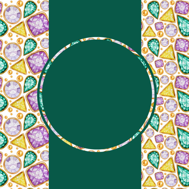 贺卡与文本复制空间在白色圆形框架上的水晶在一个金色框架图案背景。手绘鲜艳的颜色，水彩宝石钻石。图片下载