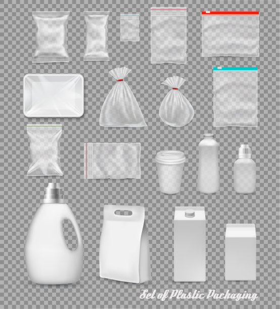 收集聚丙烯塑料包装袋，托盘，杯子，瓶子，盒子上透明背景。矢量图图片下载