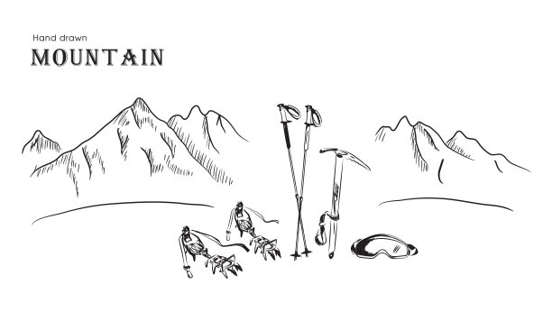 以高山为背景的高山装备。手绘矢量插图。白色背景上的黑线。图片下载