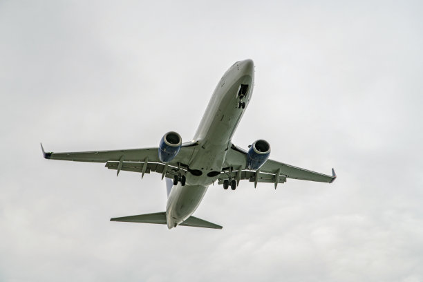 晴空万里的商业飞机即将降落。图片下载