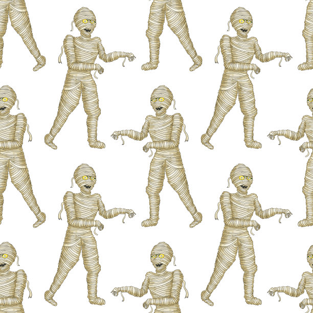 无缝图案的埃及木乃伊男孩在万圣节木乃伊服装笑疤痕。图片下载
