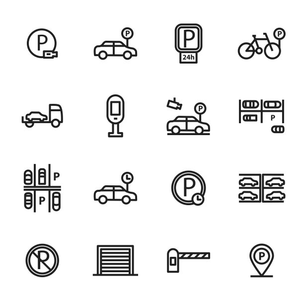 停车标志黑色细线图标设置。向量图片下载