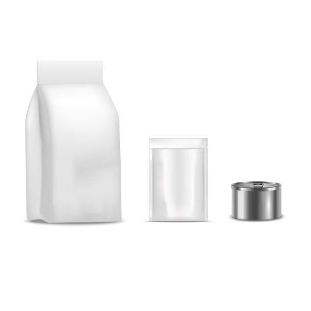 逼真详细的3d空白狗粮包和可以模板模型集。向量图片下载