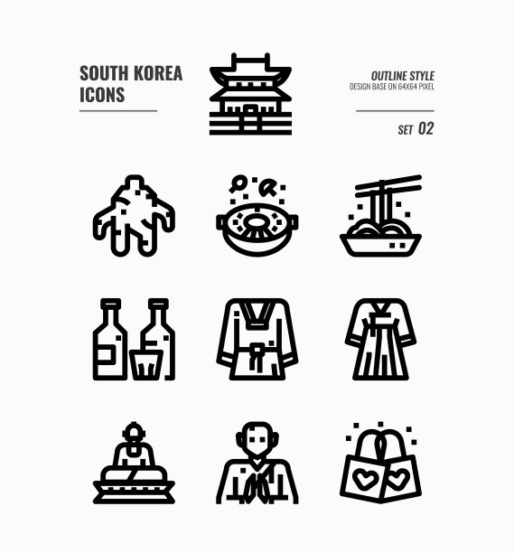 韩国图标2。包括地标、美食、传统文化等。轮廓图标设计。矢量图图片下载