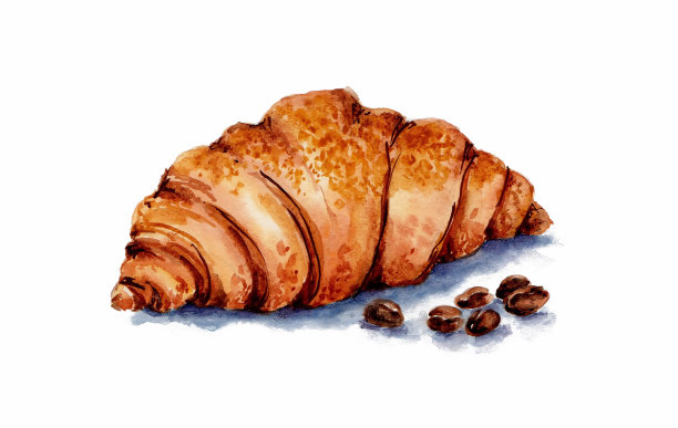 白底上有咖啡豆的牛角面包。水彩。素材图片