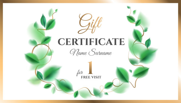 礼品券模板设计，用绿色的春叶和华丽的装饰图片下载