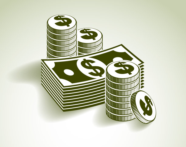 现金钞票静物与硬币和钞票叠元，经典风格矢量插图。图片下载