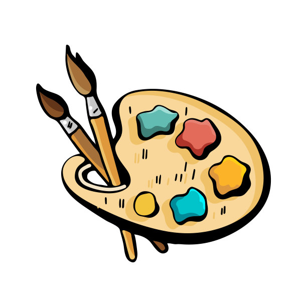 艺术家的调色板，颜料和画笔，矢量绘制孤立的白色背景。可爱的卡通涂鸦，彩色插图。有趣的艺术作品。手绘草图。标志设计，标志，会徽，贴纸。图片下载