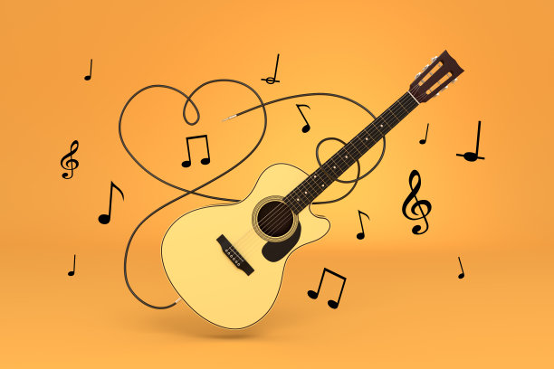 吉他与音符的彩色背景3d渲染图片下载