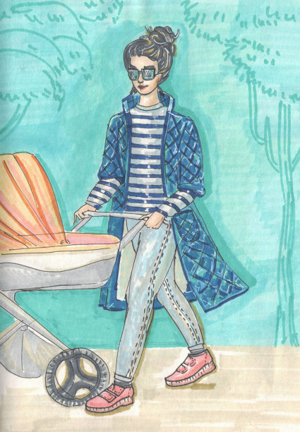 戴眼镜的妈妈推着婴儿车走图片下载