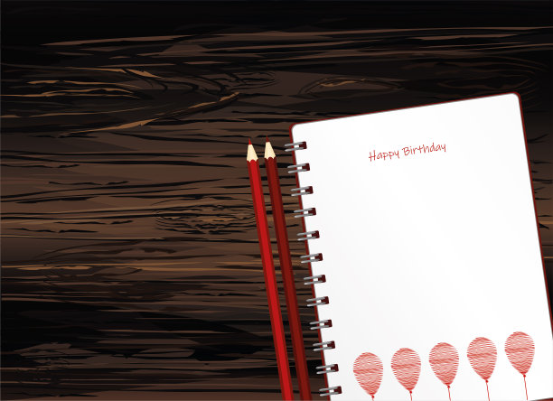 笔记本与红色气球手绘。节日贺卡。生日快乐。矢量在木制背景。一个现实的记事本。图片下载