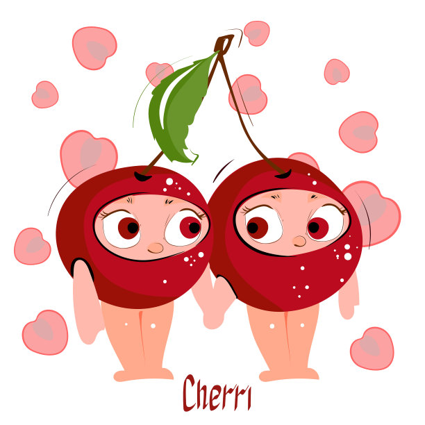 樱桃。新鲜多汁的成熟樱桃卡通人物。图片下载