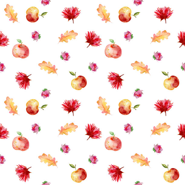 秋季无缝图案与干黄叶，苹果和花图片下载