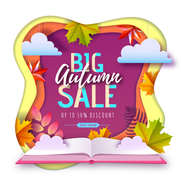 秋天大减价印刷海报与秋天的树叶。剪纸风格的设计图片下载