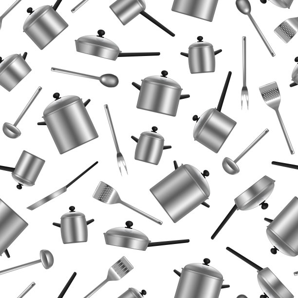 逼真的细节3d厨房用具无缝模式背景。向量图片下载