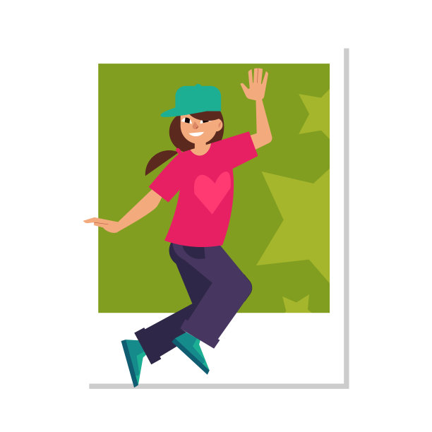 矢量插图跳舞的嘻哈小女孩在绿色的星星背景。图片下载