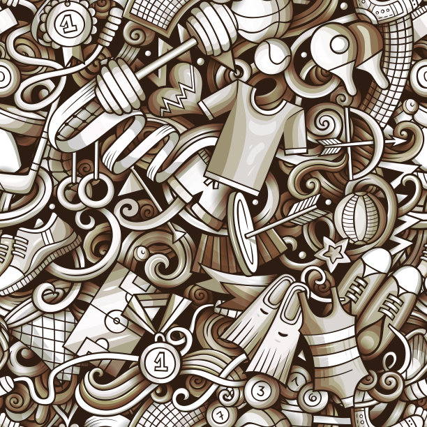 运动手绘涂鸦无缝图案。单色，细节，有很多对象矢量背景图片下载