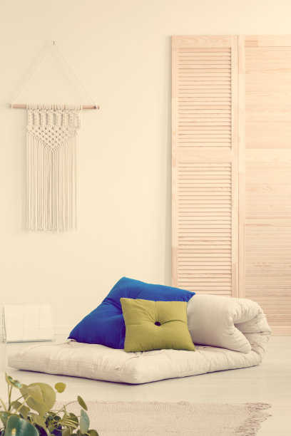 枕头上的蒲团在斯堪的纳维亚卧室内部图片下载
