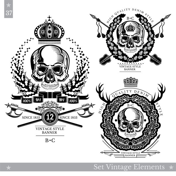 头骨前视图没有下颚在花圈中心与古董武器。一套白色的复古横幅图片下载